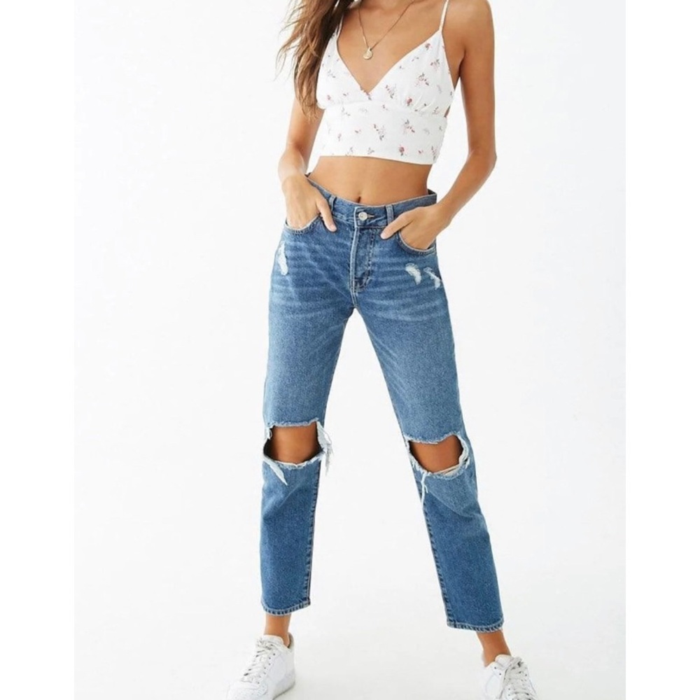 Women's Blue Destroyed High-rise Mom Jeans